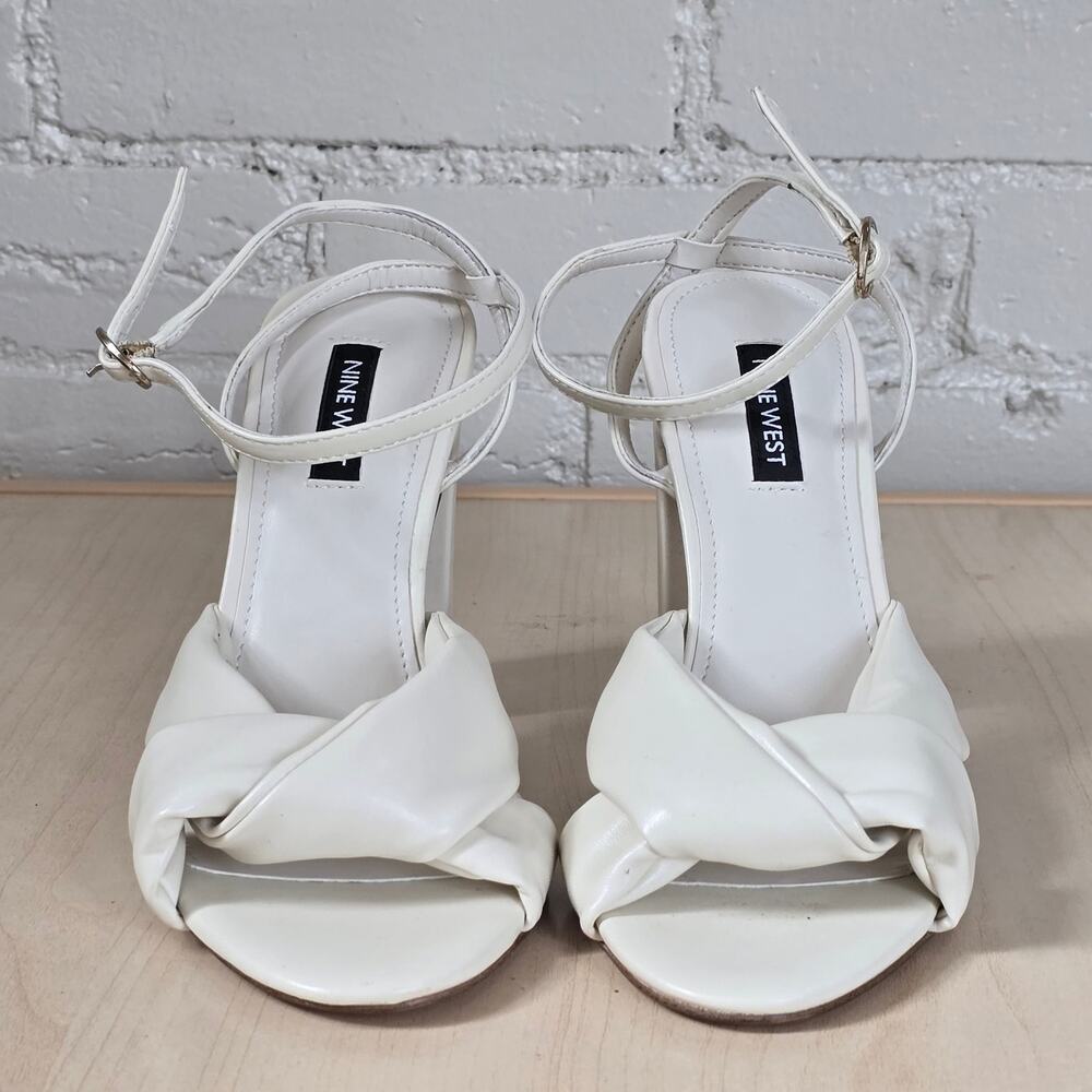 Nine West White Faux Leather Puffy Twisted Strap Block Heel Sandals Ankle Strap